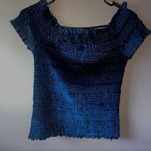 Blue velvet off the shoulder shirt